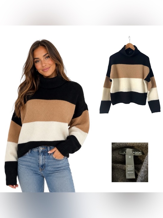Aqua Sweaters - Aqua Colorblock Striped Wool Blend Turtleneck Sweater